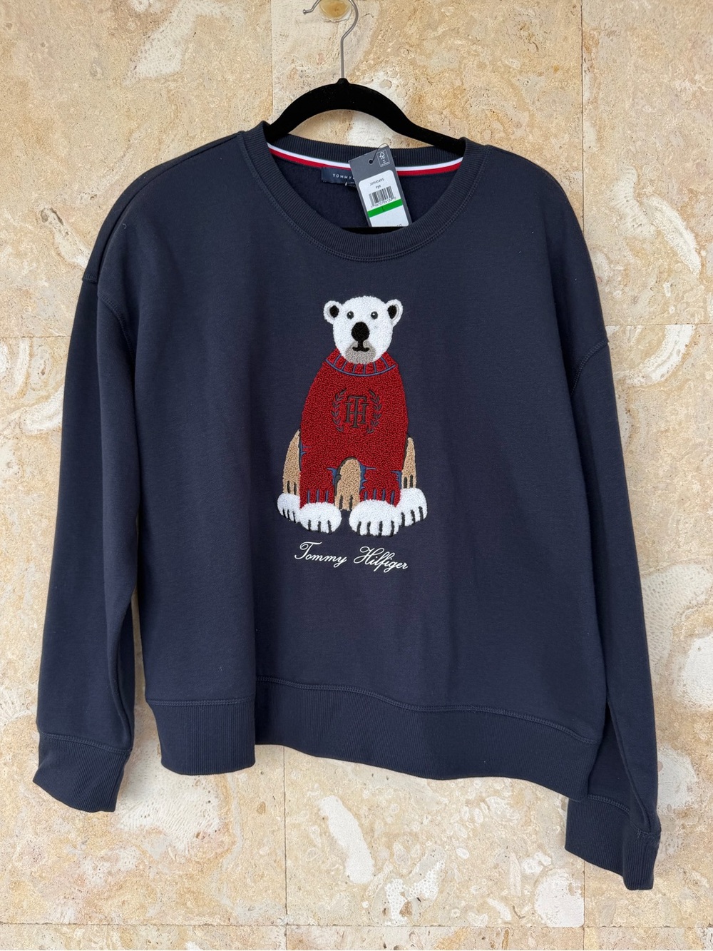 Tommy Hilfiger Women’s Navy Crewneck Sweater with Bear Motif in Red